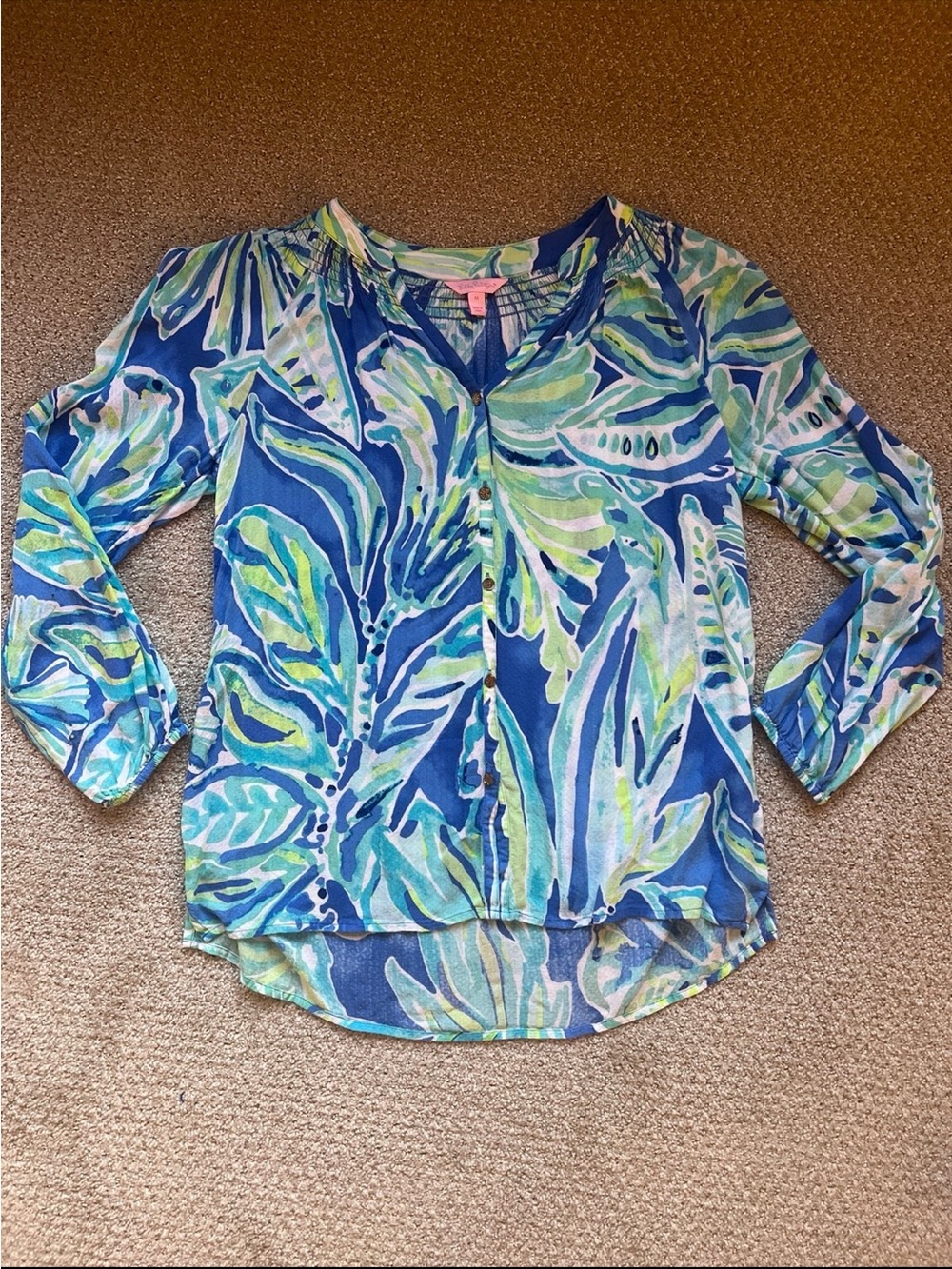 Lilly Pulitzer Blue Green Palm Print Button Front Blouse